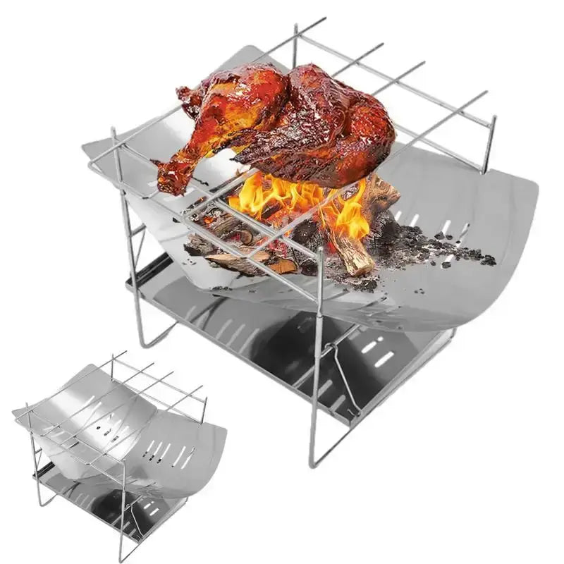 Foldable stainless steel camping grill with fire and chicken, ideal for outdoor cooking and easy transport.