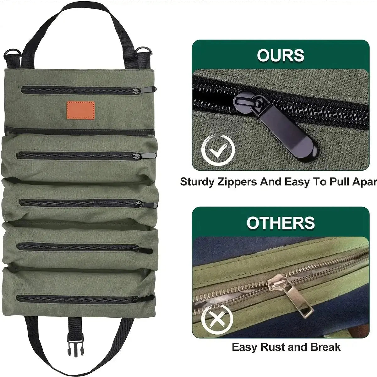 Pliable storage bag with five compartments and comparison of zipper quality, highlighting sturdy zippers for better durability.