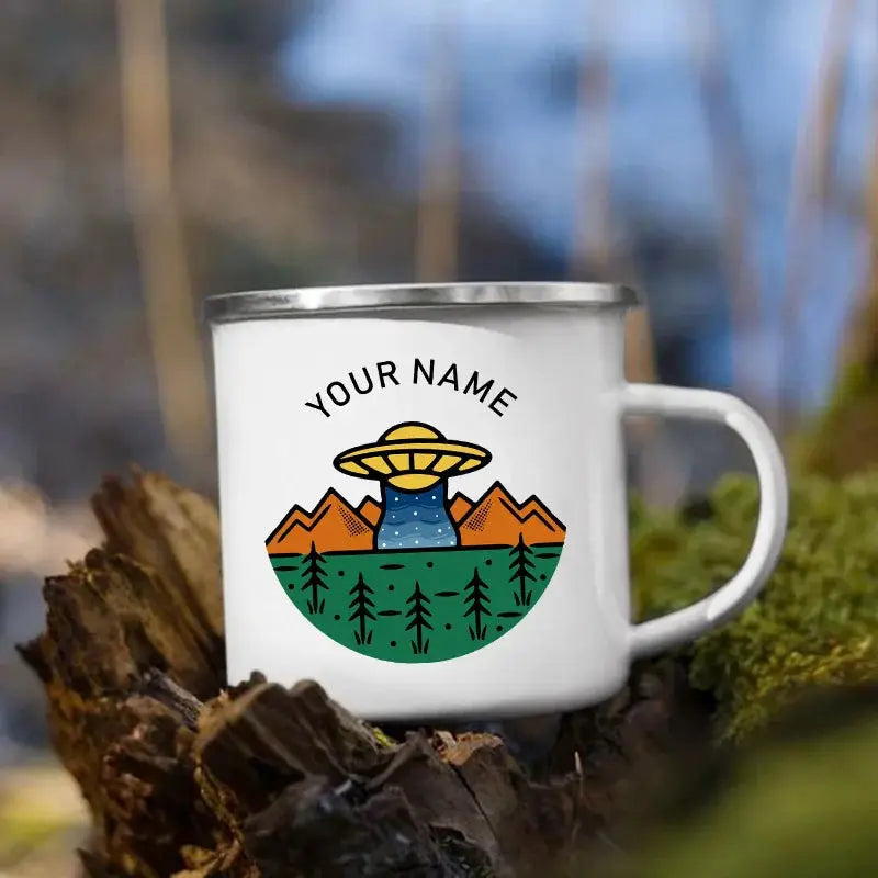 Tasses de camping en émail personnalisées avec nom personnalisé, tasses de camping, aventure, fête au feu de camp, bière, tasse à café, poignée, cadeaux normalisés pour camping-car woodyscamp