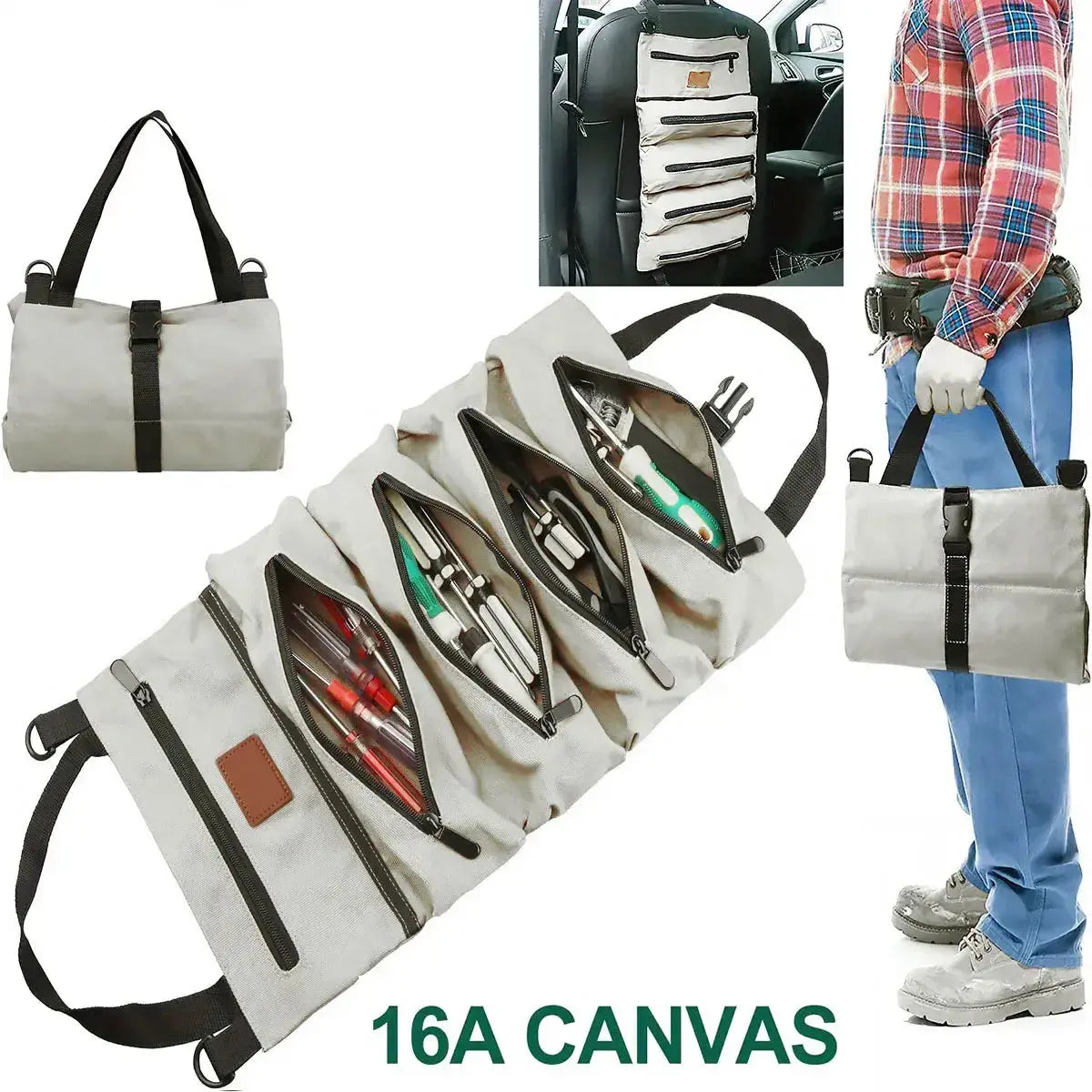 Canvas collapsible storage bag with compartments for travel and camping organization, shown folded and unfolded.
