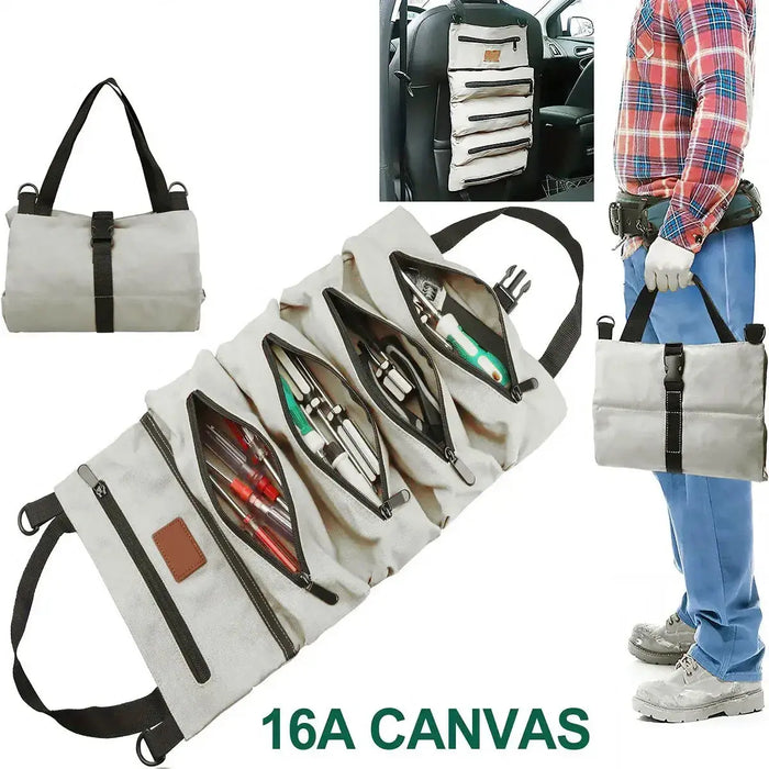 Sac de rangement pliable en toile avec compartiments pour l'organisation lors des voyages et du camping, montré plié et déplié.