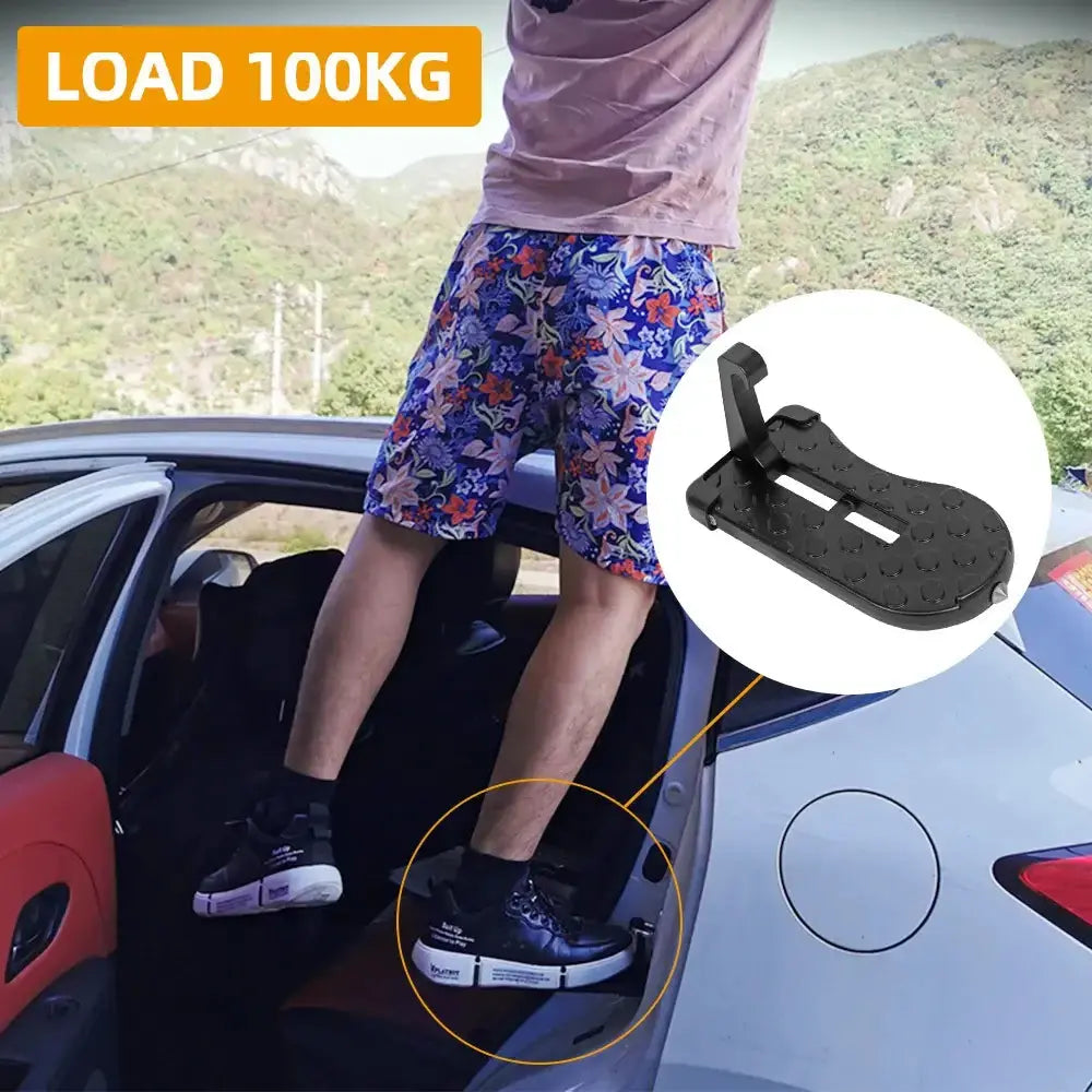 Man using car door step for roof access, supporting up to 100kg. Ideal for camping and tent set-up. Outdoors in scenic location.