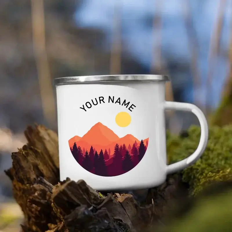 Tasses de camping en émail personnalisées avec nom personnalisé, tasses de camping, aventure, fête au feu de camp, bière, tasse à café, poignée, cadeaux normalisés pour camping-car woodyscamp
