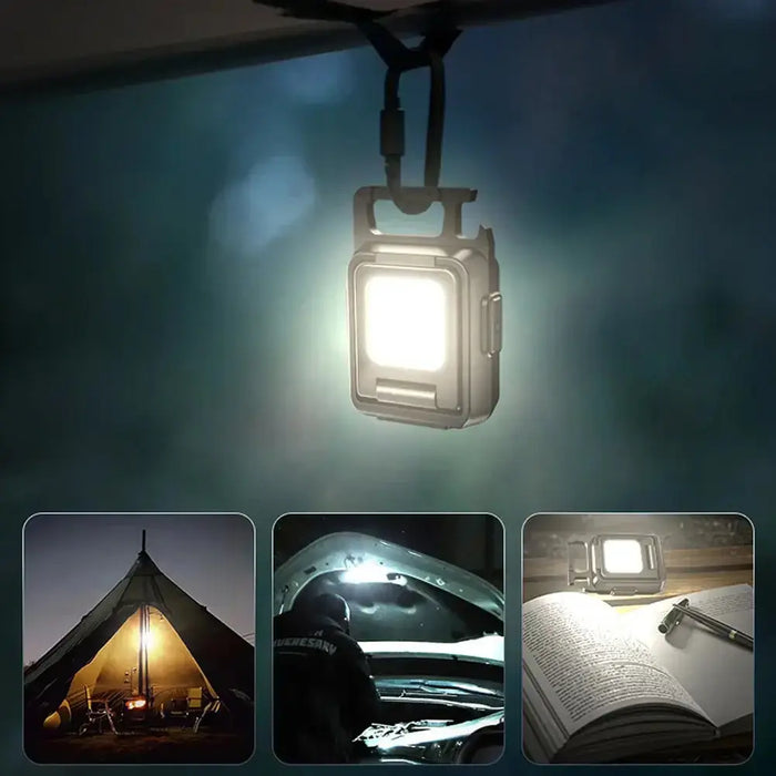 Mini lampe de poche LED ultrapuissante éclairant une tente, un livre et le moteur d'une voiture pour des aventures nocturnes.