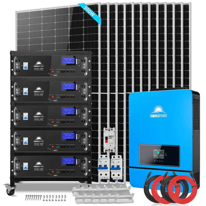 SunGoldPower Off Grid Solar Kit 12 X 550 Watts Solar Panels 25.6KWH Lithium Battery 10KW Solar Inverter 48VDC 120V/240V SGR-10K25S