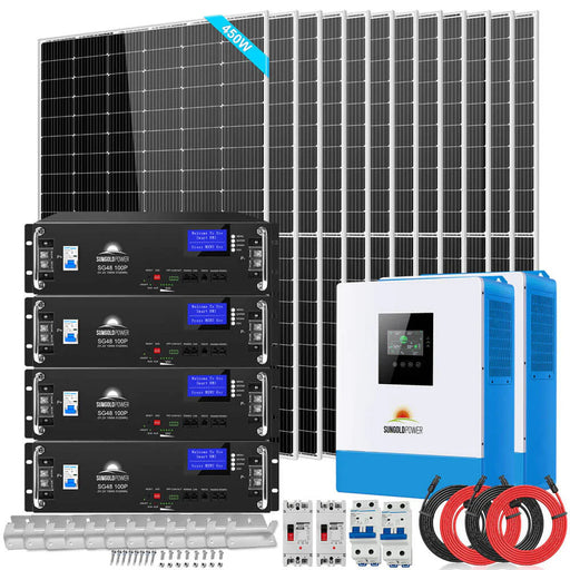 SunGoldPower Off Grid Solar Kit 10000W 48VDC 120V/240V LifePO4 20.48KWH Lithium Battery 12 X 450 Watts Solar Panels SGR-10K2M