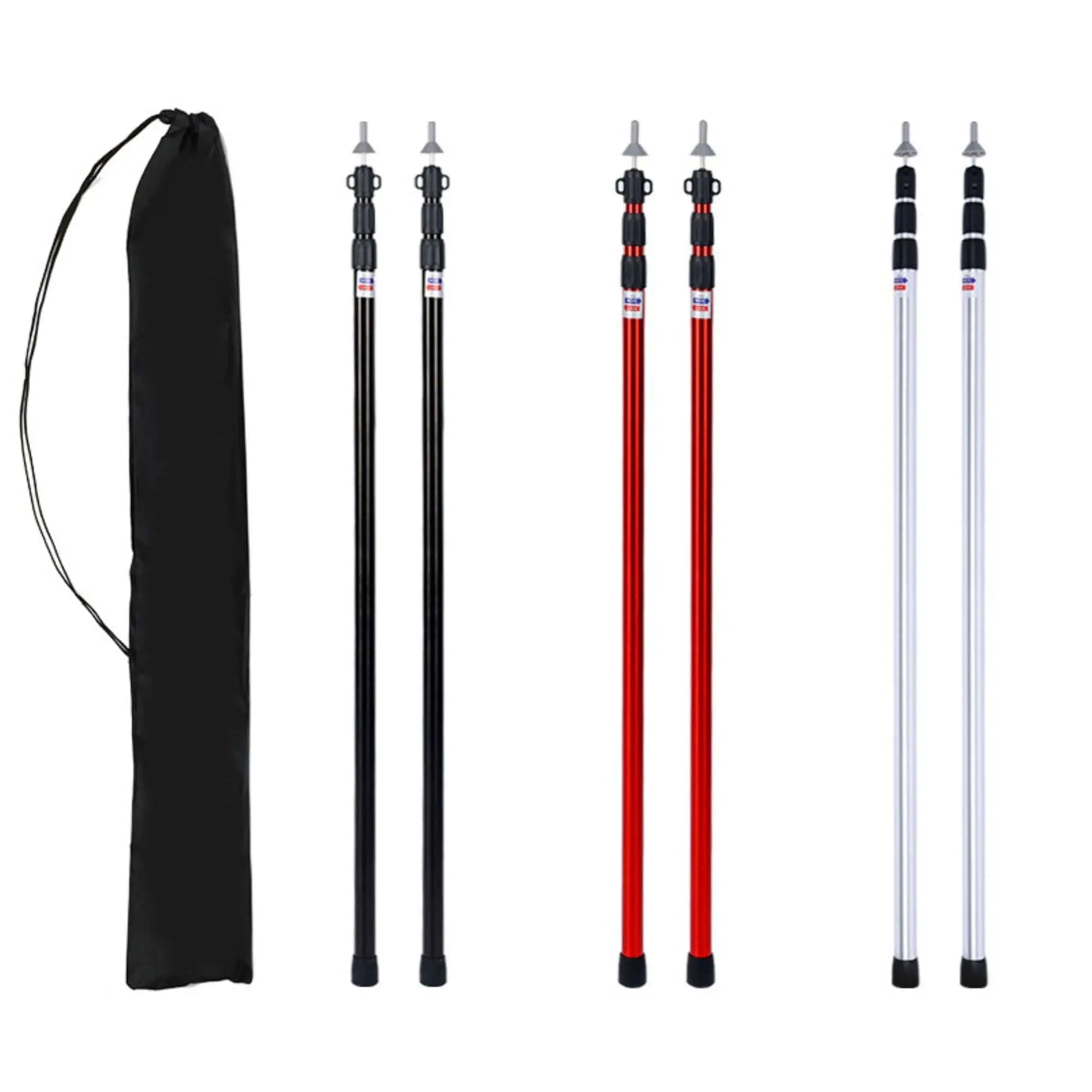 Adjustable tent support poles in black, red, and silver with carry bag for camping and outdoor use.
