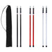 Poteaux de support de tente ajustables en noir, rouge et argent avec sac de transport pour le camping et les activités de plein air.