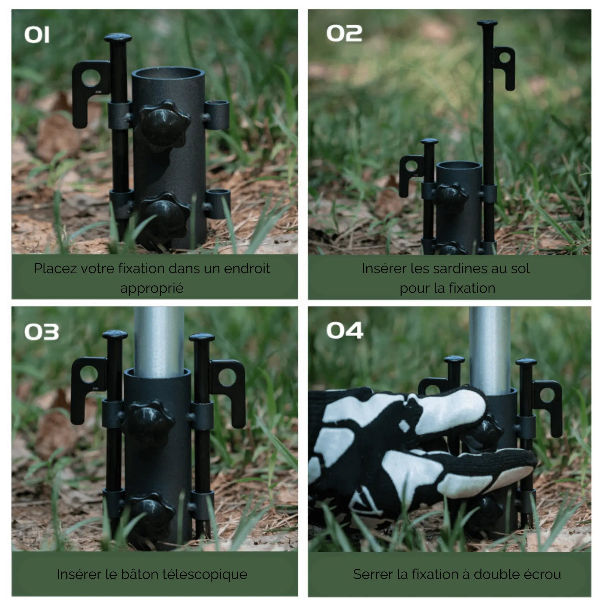 Collage showing steps for setting up adjustable tent pole supports with anchor system in outdoor grass setting.