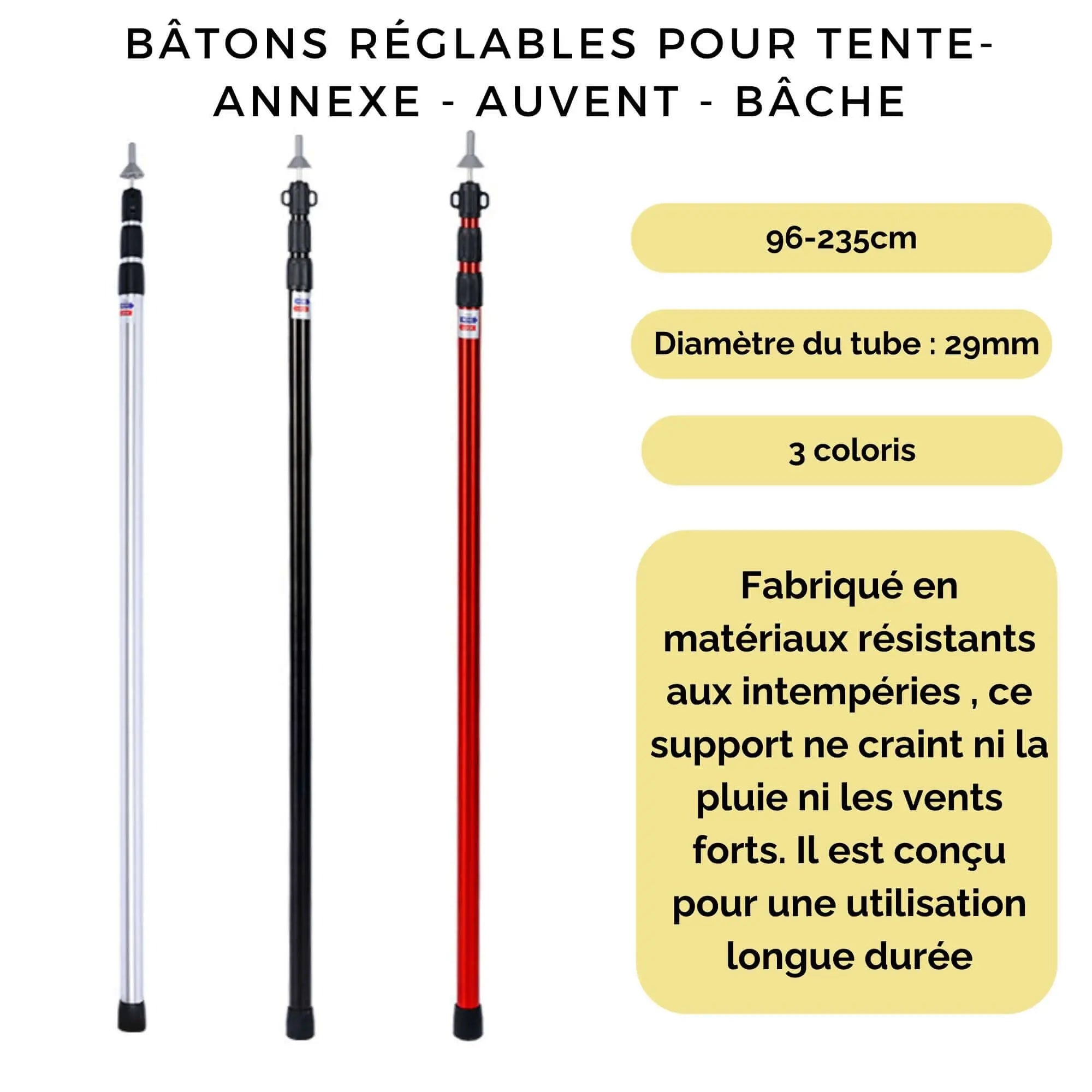 Bâtons réglables pour tente et auvent, disponibles en trois coloris, offrent une stabilité durable et résistent aux intempéries.