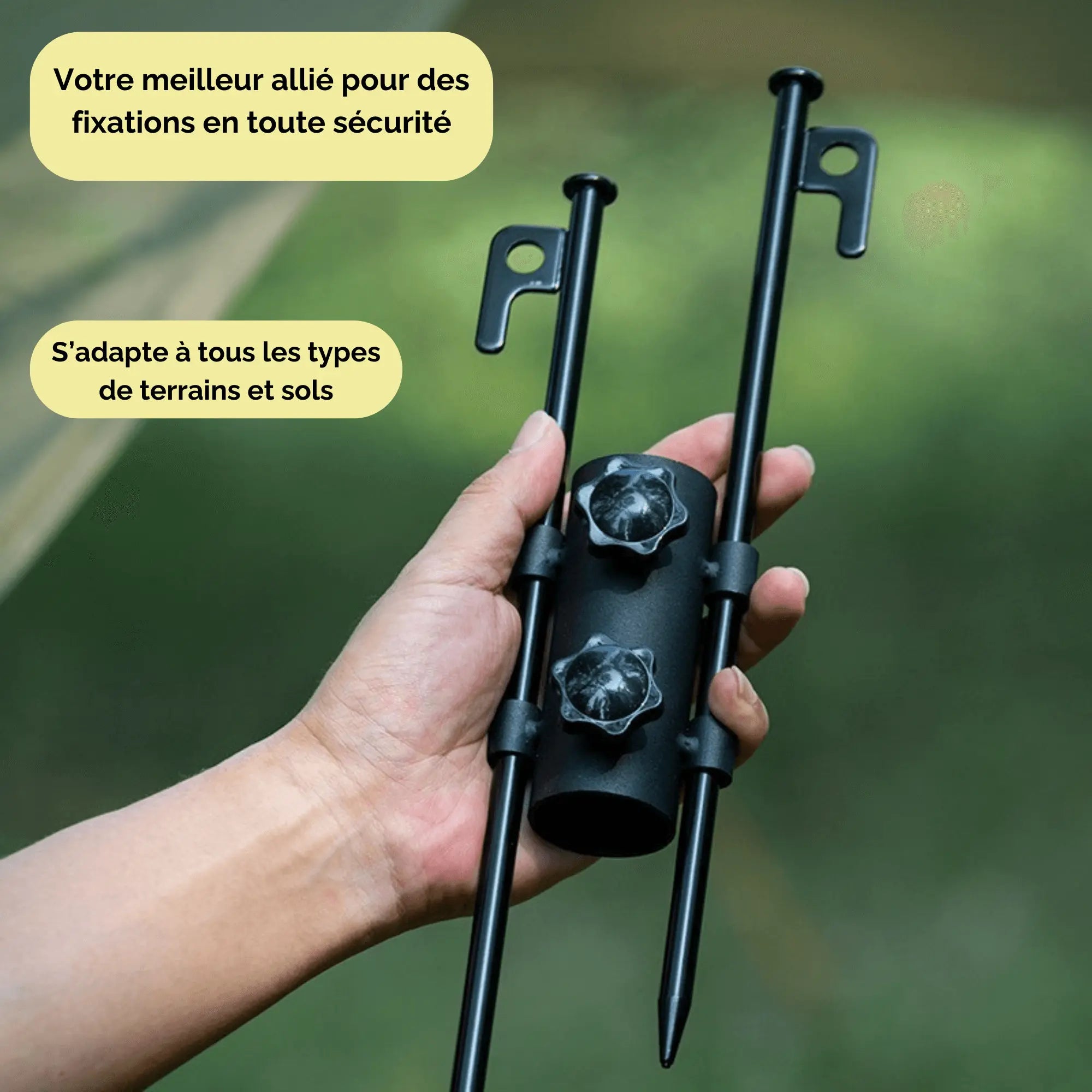 Adjustable support poles for tents and tarps held by a hand, showcasing secure installation features and versatile terrain adaptability.