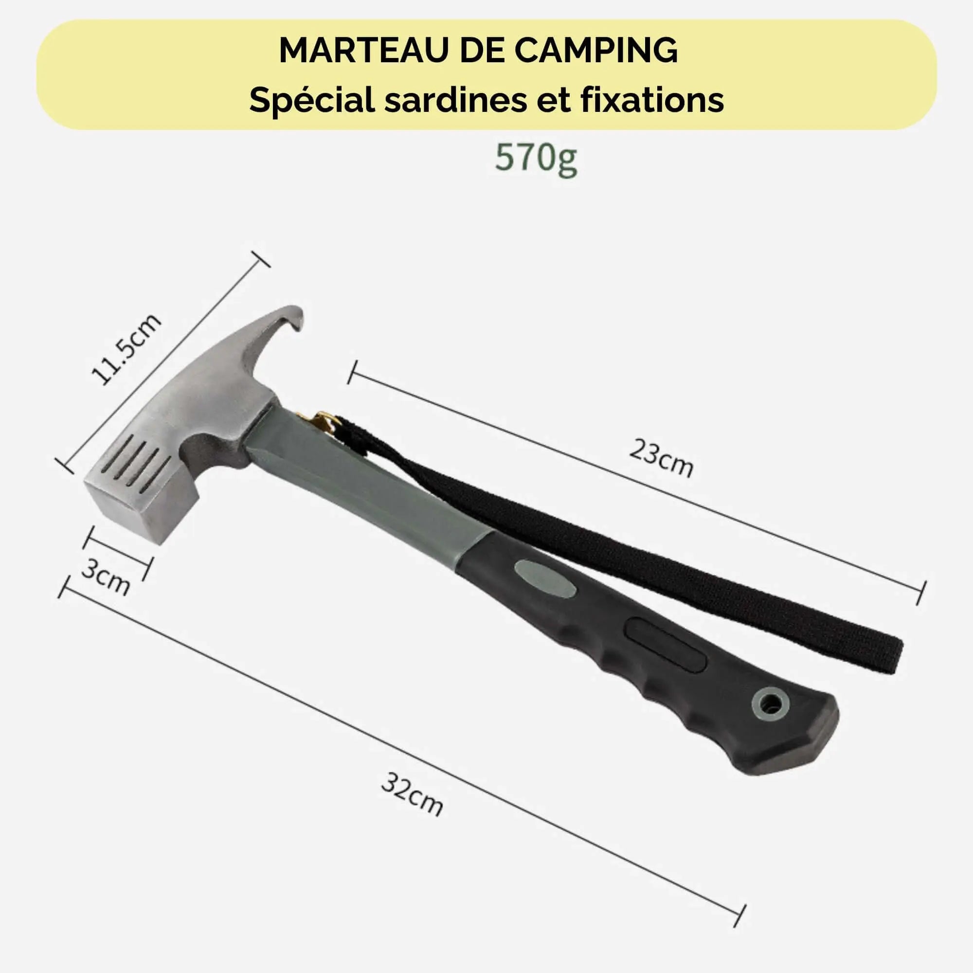 Camping hammer with ergonomic grip, designed for tent pegs and fixings, featuring dimensions for optimal use.