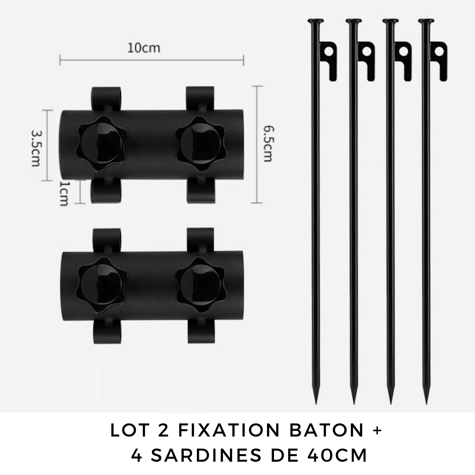Adjustable tent pole support clamps and stakes for secure outdoor setups.