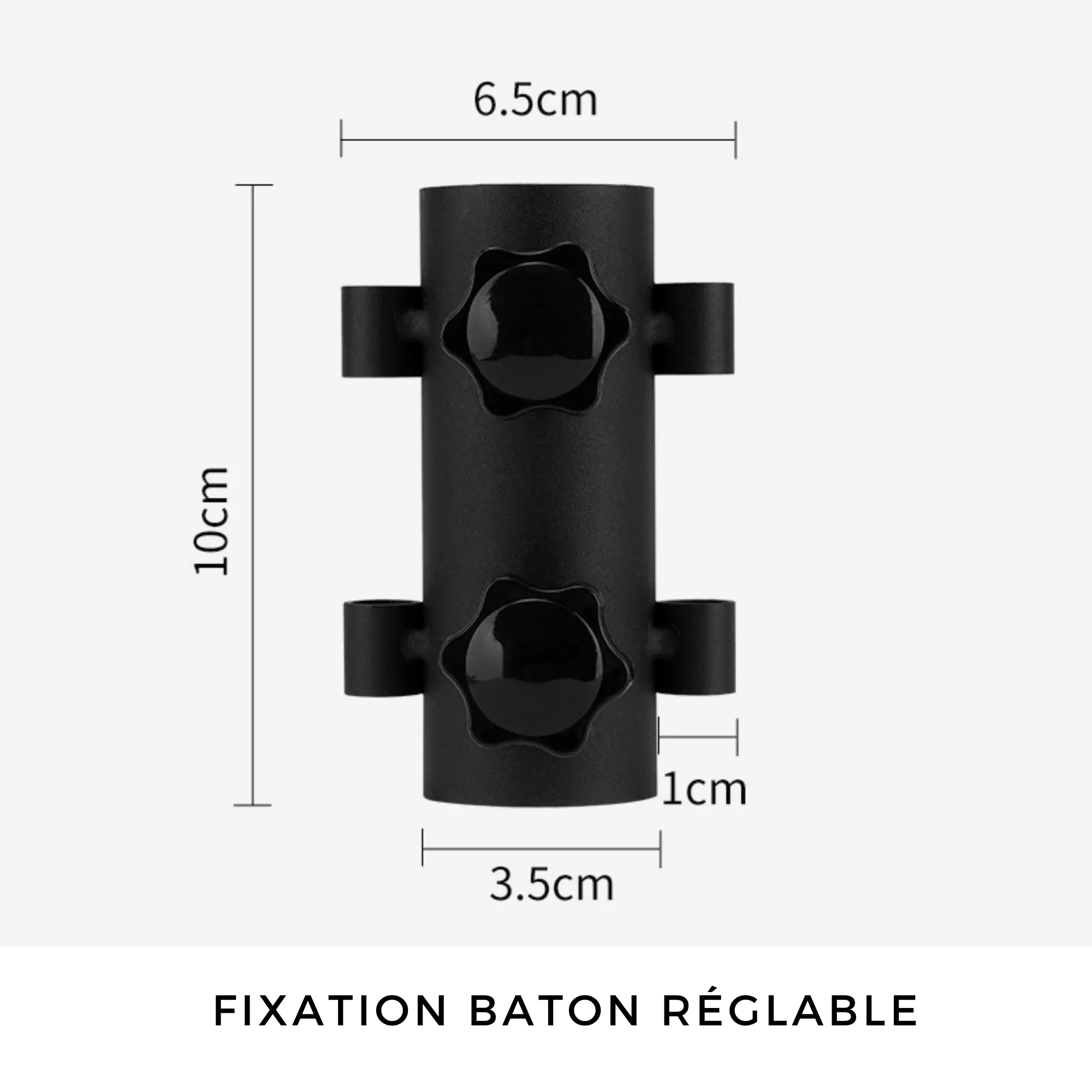 Adjustable tent pole connector with dimensions marked, 10cm height, 6.5cm width, 3.5cm diameter, and 1cm side thickness.