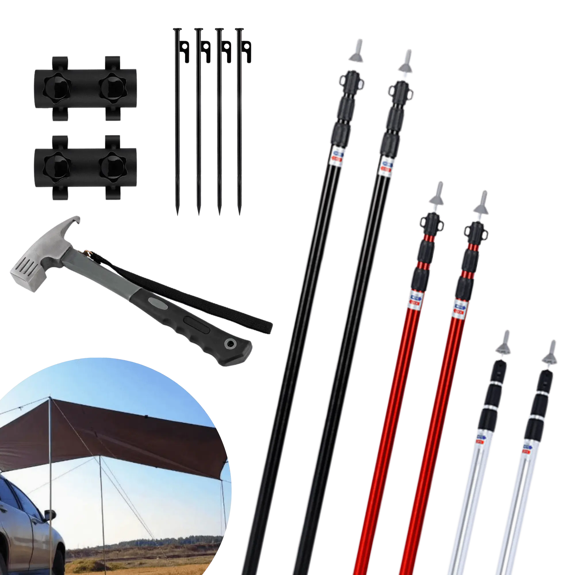 Adjustable tent support poles set with hammer and clips for camping and outdoor use, shown with an erected tent canopy.