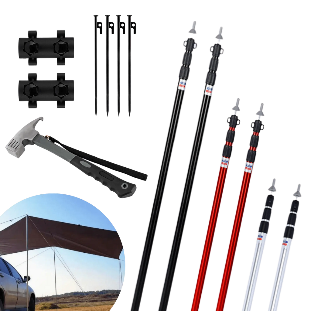 Système de supports de tente ajustables avec marteau et clips pour le camping et l'extérieur, présenté avec une toile de tente érigée.