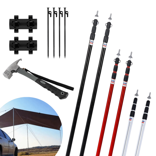 Système de supports de tente ajustables avec marteau et clips pour le camping et l'extérieur, présenté avec une toile de tente érigée.
