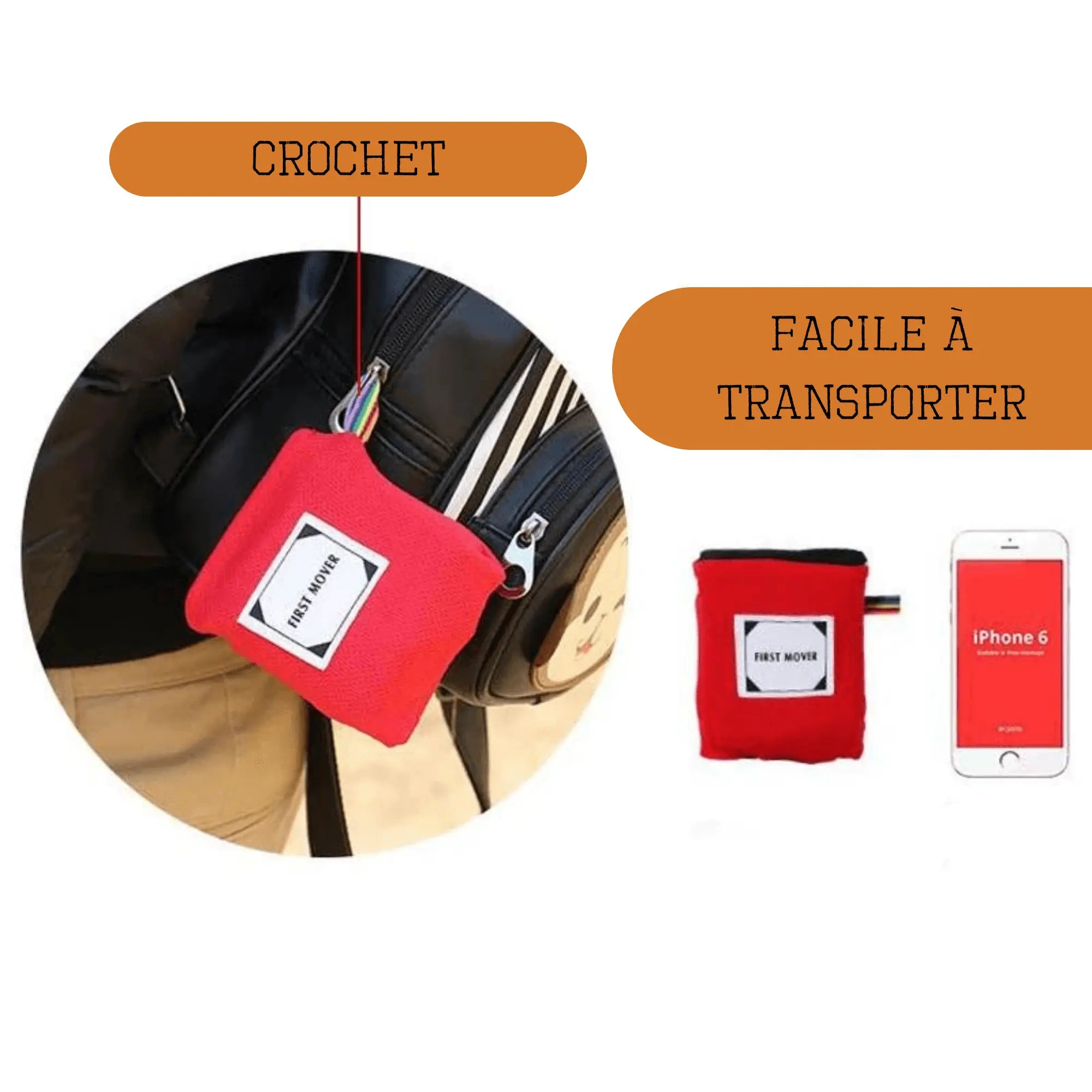 Compact pocket camping mat clipped to backpack, ideal for easy outdoor travel; features size comparison with smartphone for convenient transport.