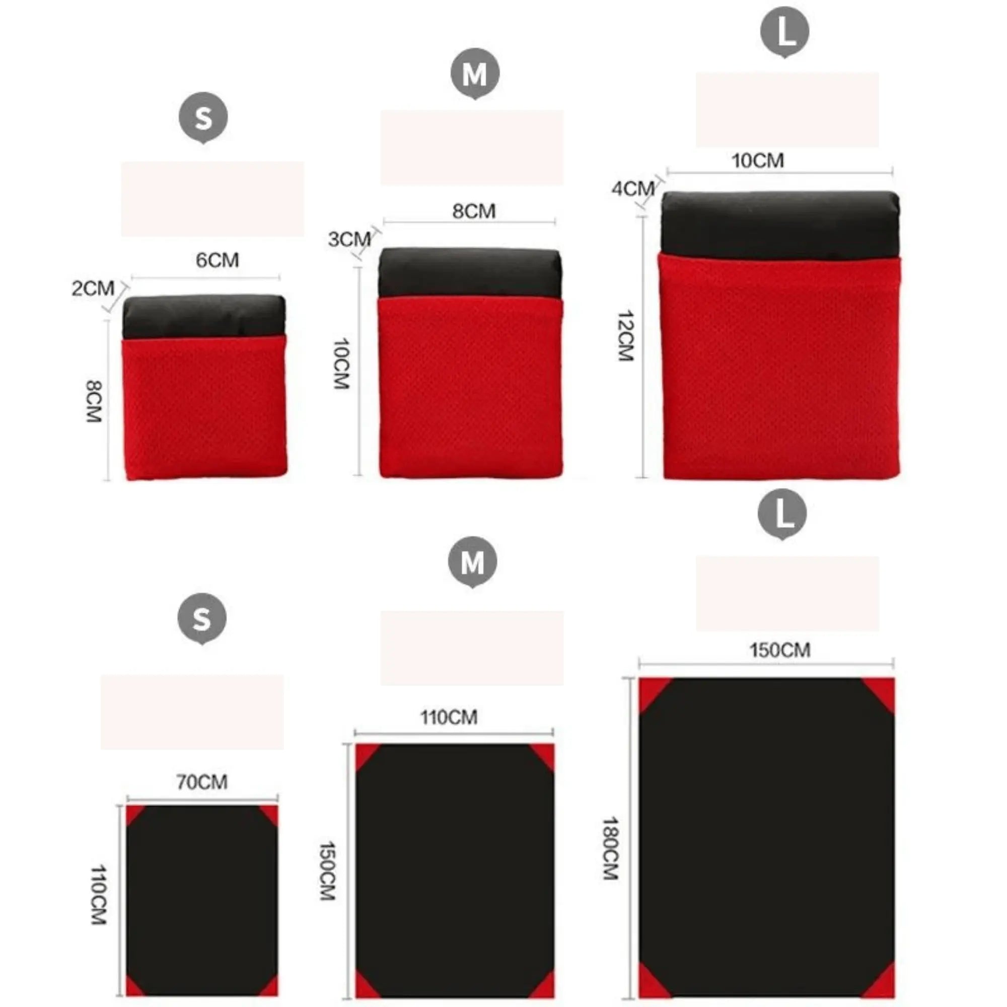 Three sizes of red outdoor pocket camping mats: small, medium, and large, shown with dimensions for easy transport and use.