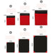 Trois tailles de tapis de camping rouge d'extérieur : petit, moyen et grand, montrées avec des dimensions pour un transport et une utilisation faciles.