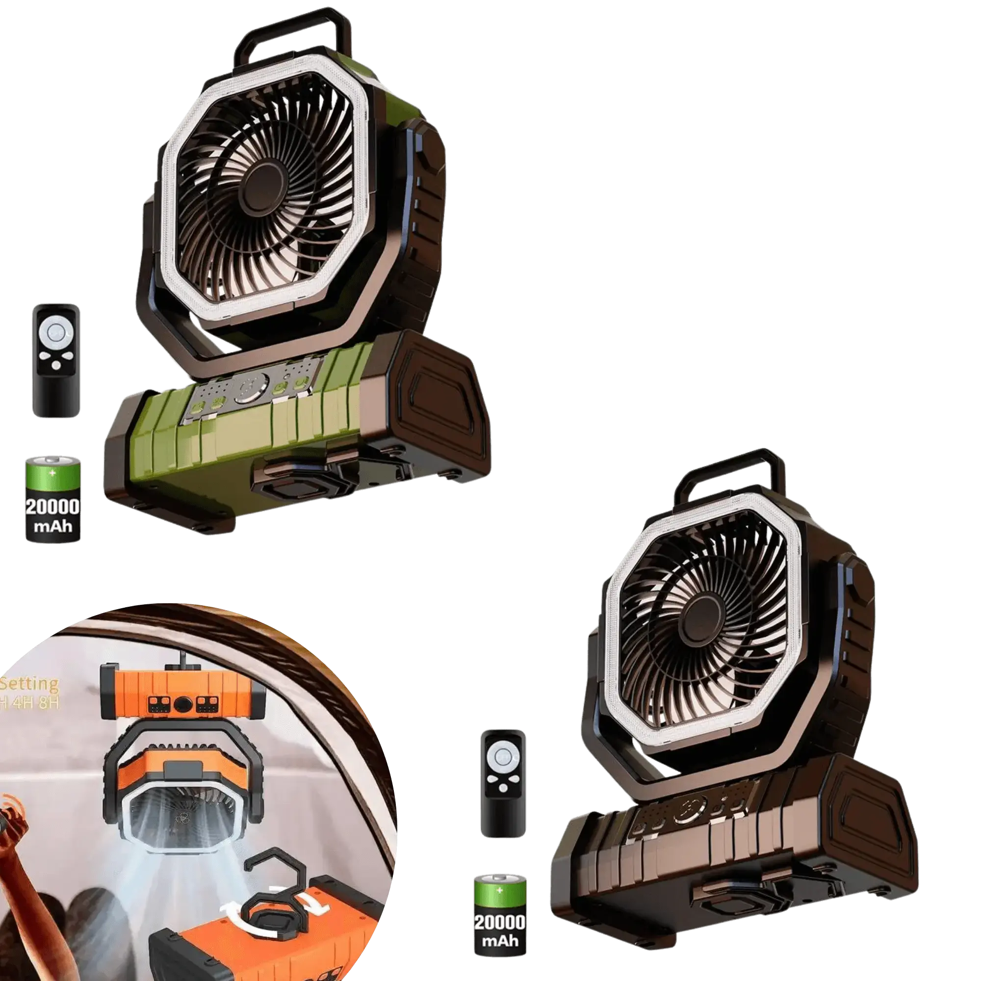 Ventilateur de camping multifonction 3 en 1 avec lumière LED et batterie 20000mAh, idéal pour plein air, randonnée, et camping.