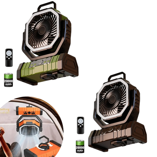 Ventilateur de camping multifonction 3 en 1 avec lumière LED et batterie de 20000mAh, idéal pour les activités en plein air, la randonnée et le camping.