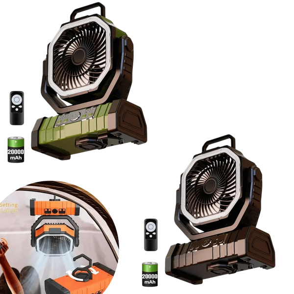 Ventilateur de camping multifonction 3 en 1 avec lumière LED et batterie de 20000mAh, idéal pour les activités en plein air, la randonnée et le camping.