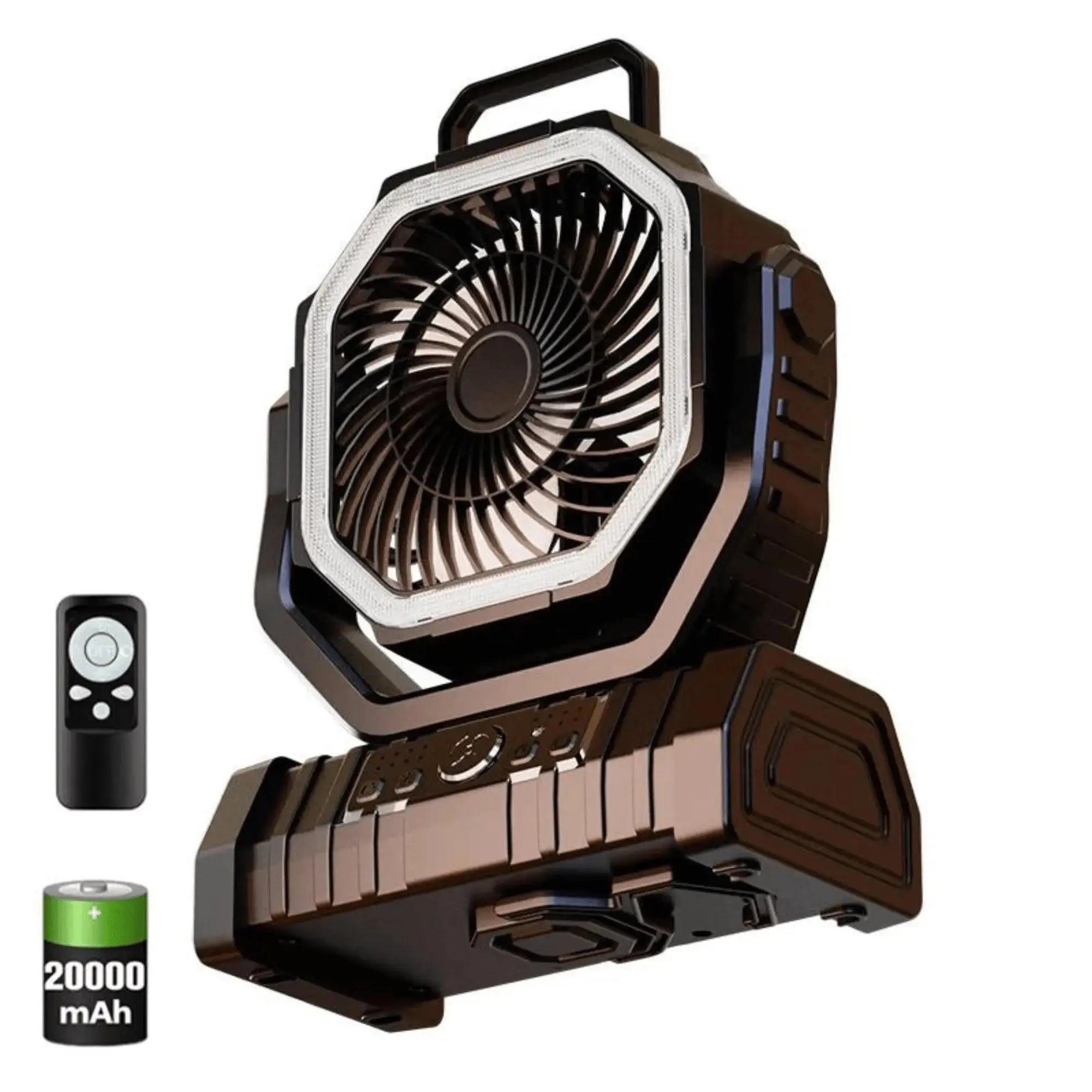Ventilateur de camping 3 en 1 avec lumière LED et batterie 20000mAh, idéal pour randonnées et aventures en plein air.