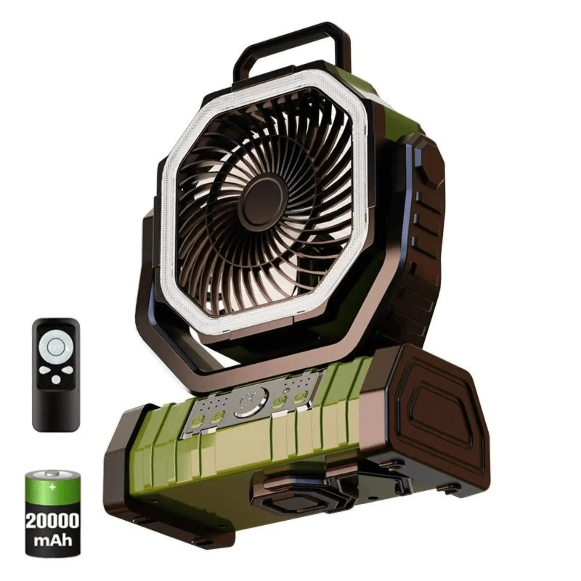 Multifunction camping fan 3-in-1 with remote control and 20000mAh battery, ideal for outdoor adventures and LED lighting.