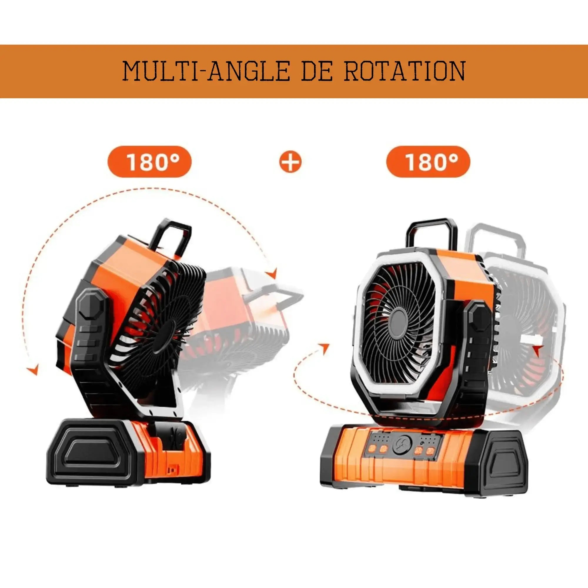 Multifunctional camping fan with 180-degree multi-angle rotation, ideal for outdoor adventures and cooling, with LED light features.