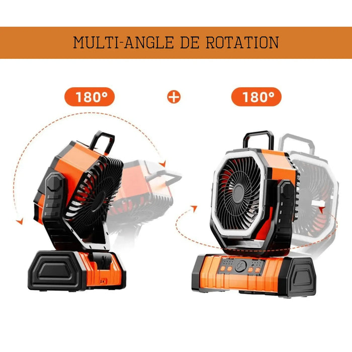 Ventilateur de camping multifonction avec rotation à 180 degrés, idéal pour les aventures en plein air et le refroidissement, avec des fonctionnalités d'éclairage LED.