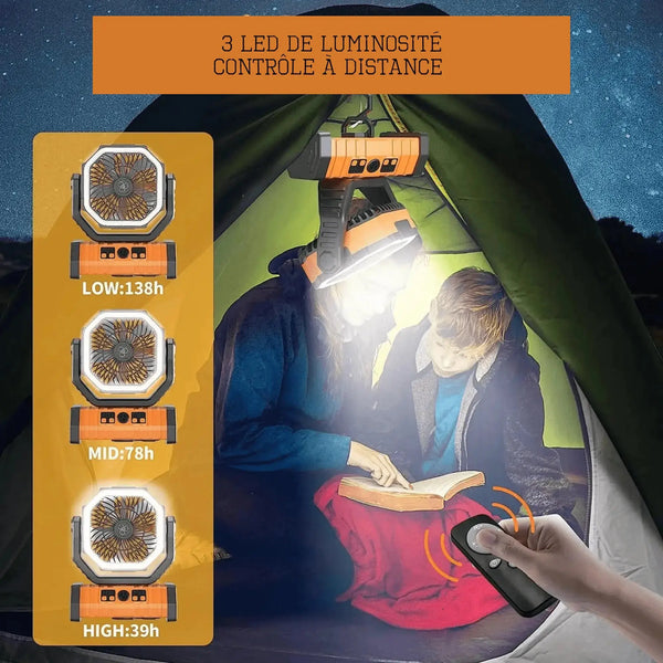 Camping tent with multifunctional fan providing LED light, featuring remote control and adjustable brightness settings.
