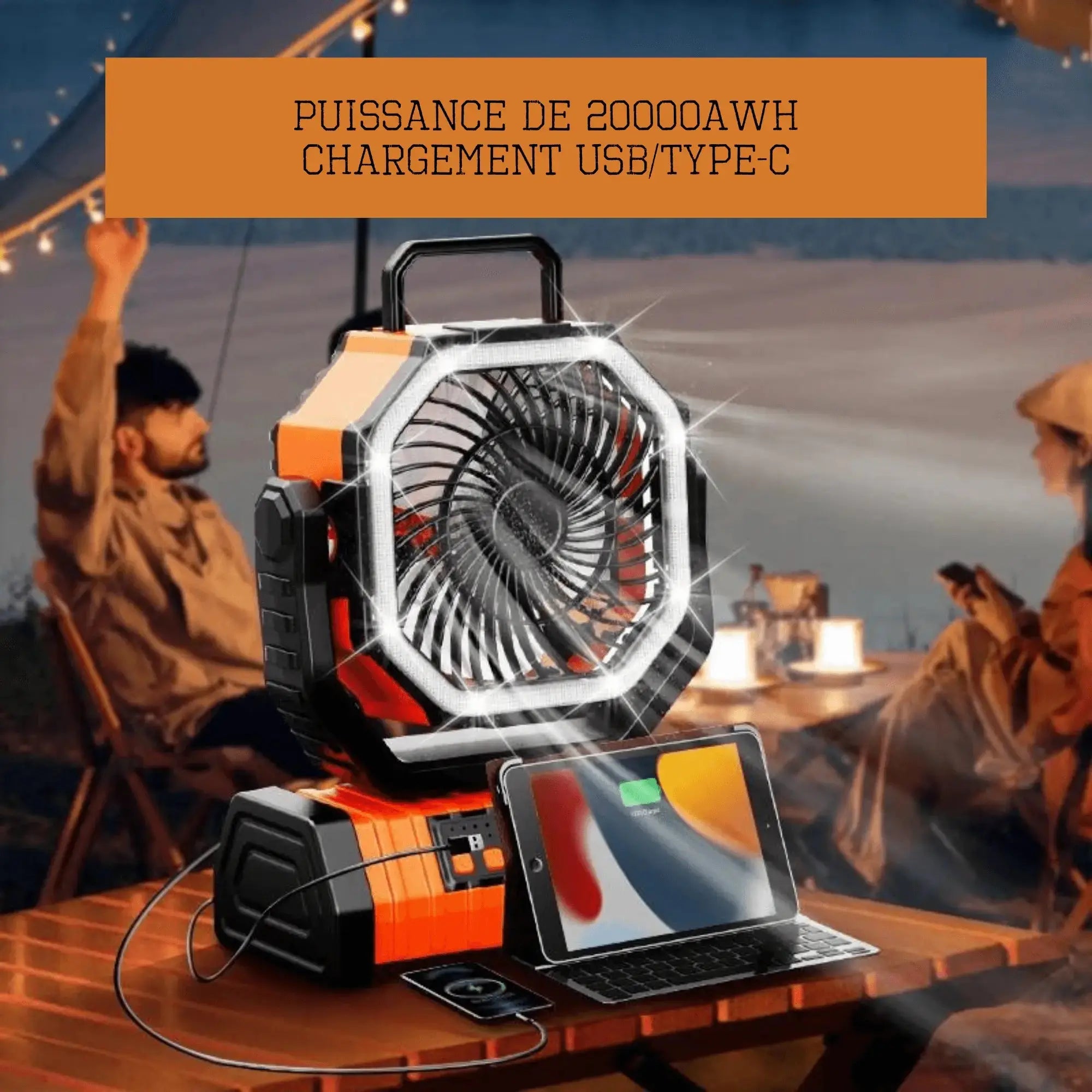 Ventilateur de camping multifonction 3 en 1 avec lumière LED et batterie 20000AWh, charge USB/Type-C, idéal pour aventure en plein air.