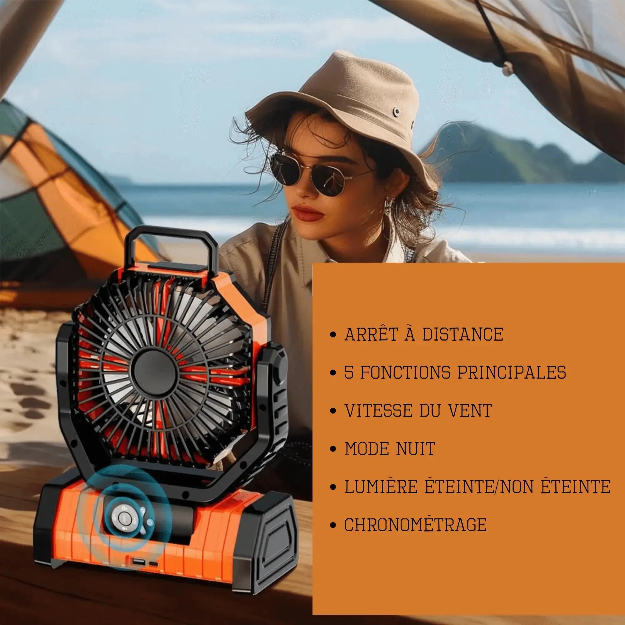 Multifunction 3-in-1 camping fan with LED light and portable battery, perfect for outdoor adventures. Features shown on a camping site.