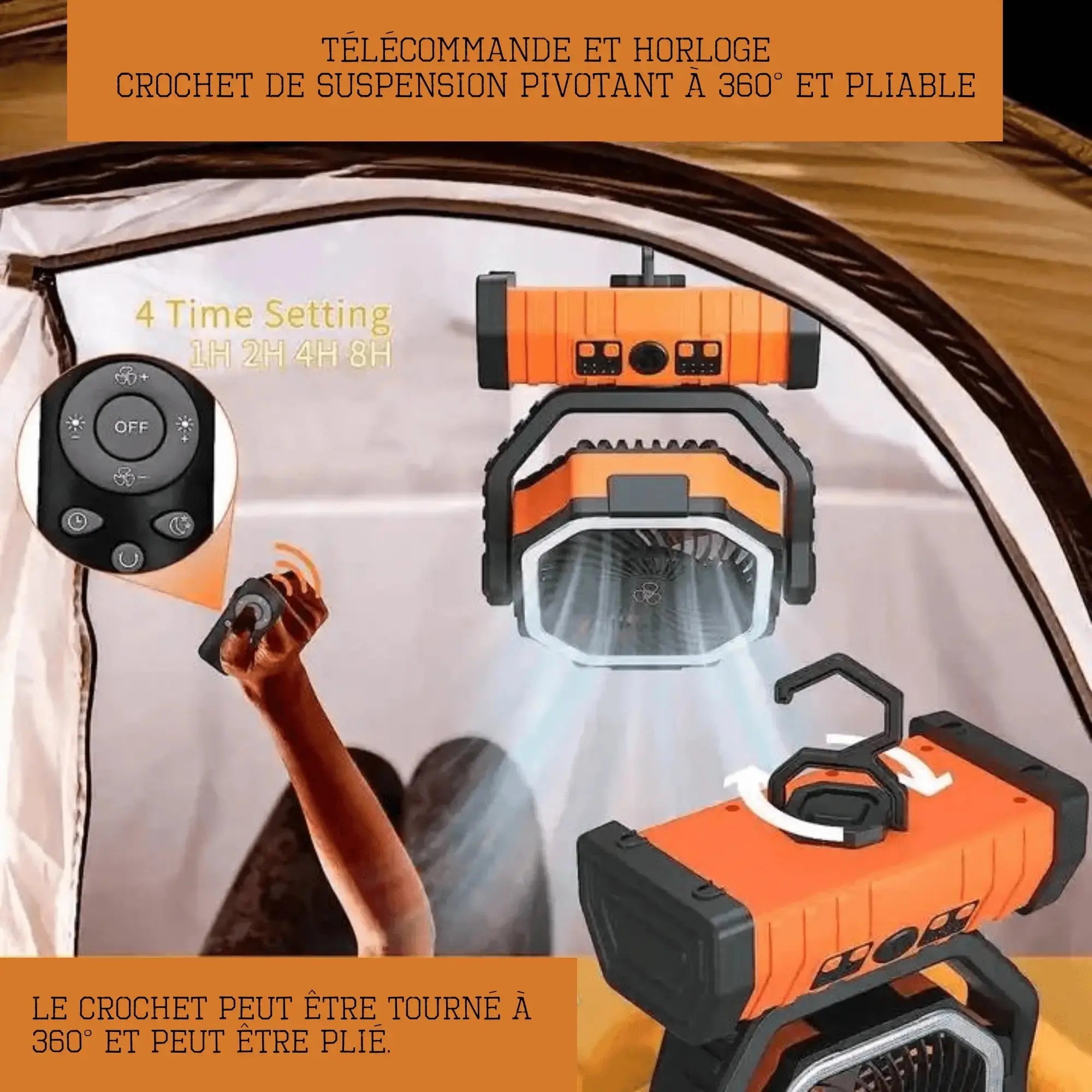 Ventilateur de camping multifonction avec télécommande, lumière LED et crochet pivotant dans une tente.
