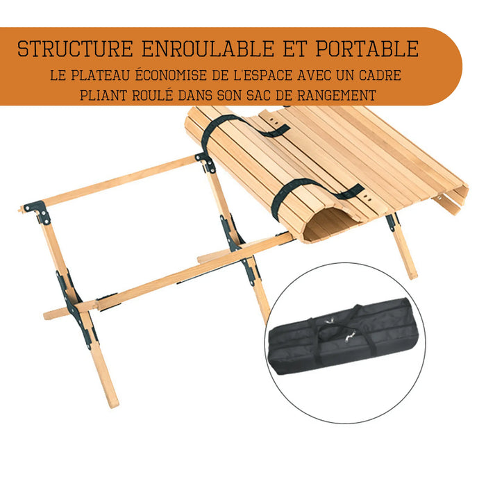 Table en bois pliable pour le camping, démontée et enroulée dans son sac de rangement, mettant en valeur sa structure compacte et portable.