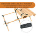 Table en bois pliable pour le camping, démontée et enroulée dans son sac de rangement, mettant en valeur sa structure compacte et portable.