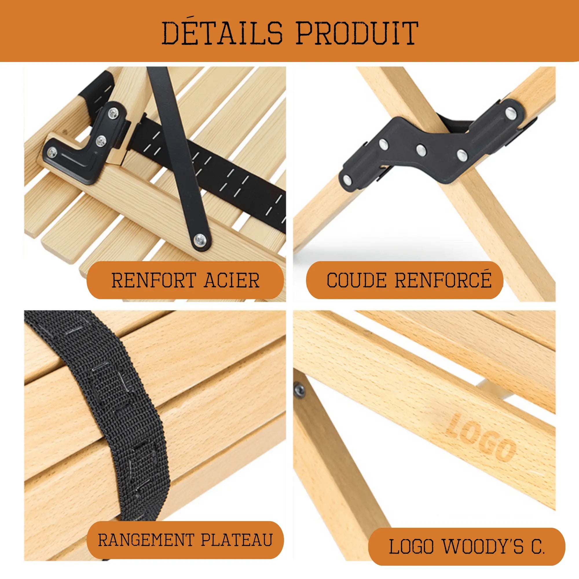 Détails du produit pour table en bois pliable : renfort acier, coude renforcé, rangement plateau, logo sur le bois.