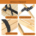 Détails du produit pour table en bois pliable : renfort en acier, coude renforcé, rangement pour le plateau, logo sur le bois.