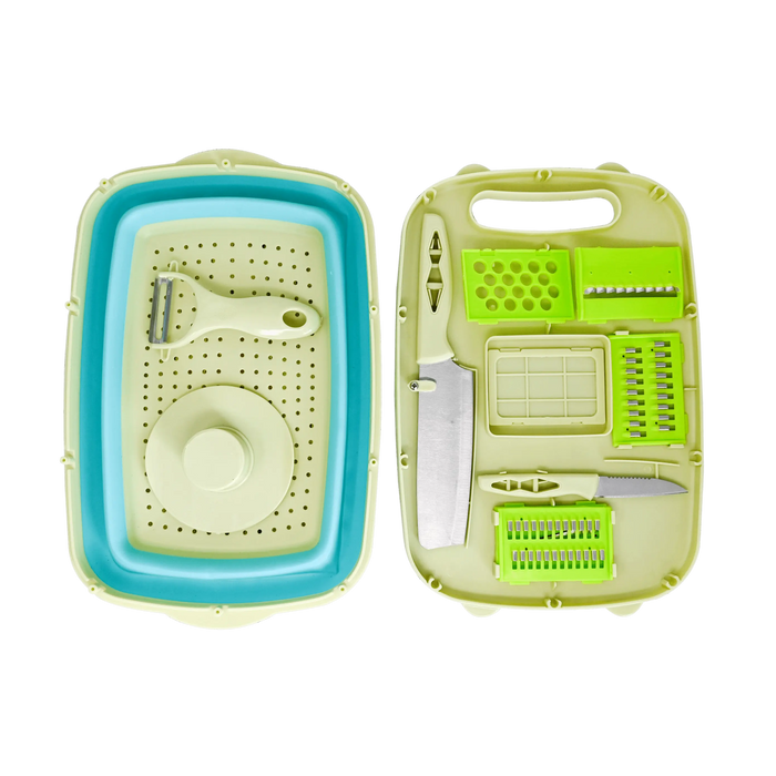 Set de planche à découper pliante en silicone 9-en-1, parfait pour le camping ; comprend des accessoires de cuisine essentiels pour cuisiner en mobilité.