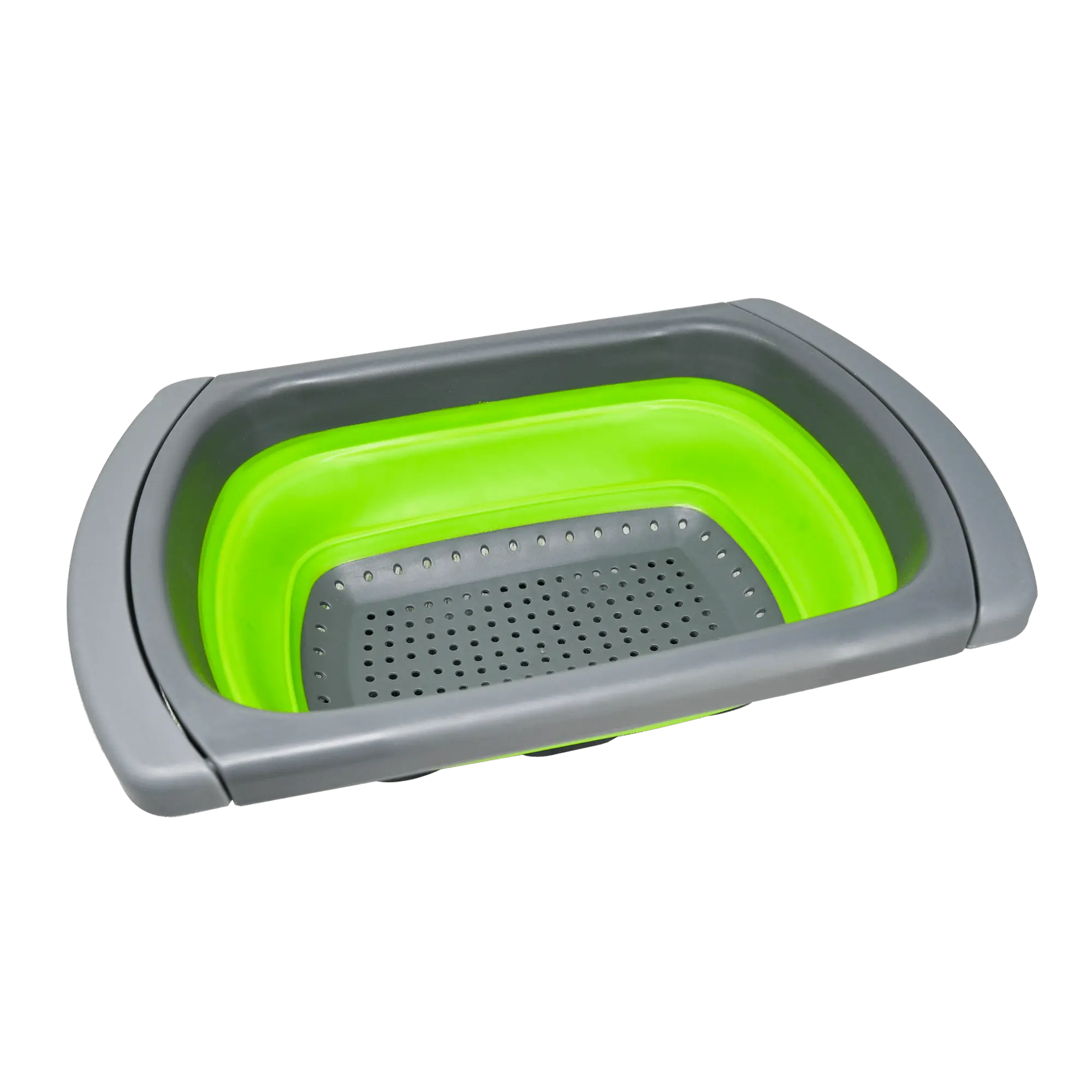 Passoire pliable en silicone verte avec poignées ajustables, idéale pour le camping et les activités en plein air, grande capacité.