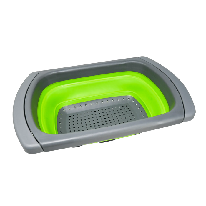 Passoire pliable en silicone verte avec poignées ajustables, idéale pour le camping et les activités en plein air, grande capacité.