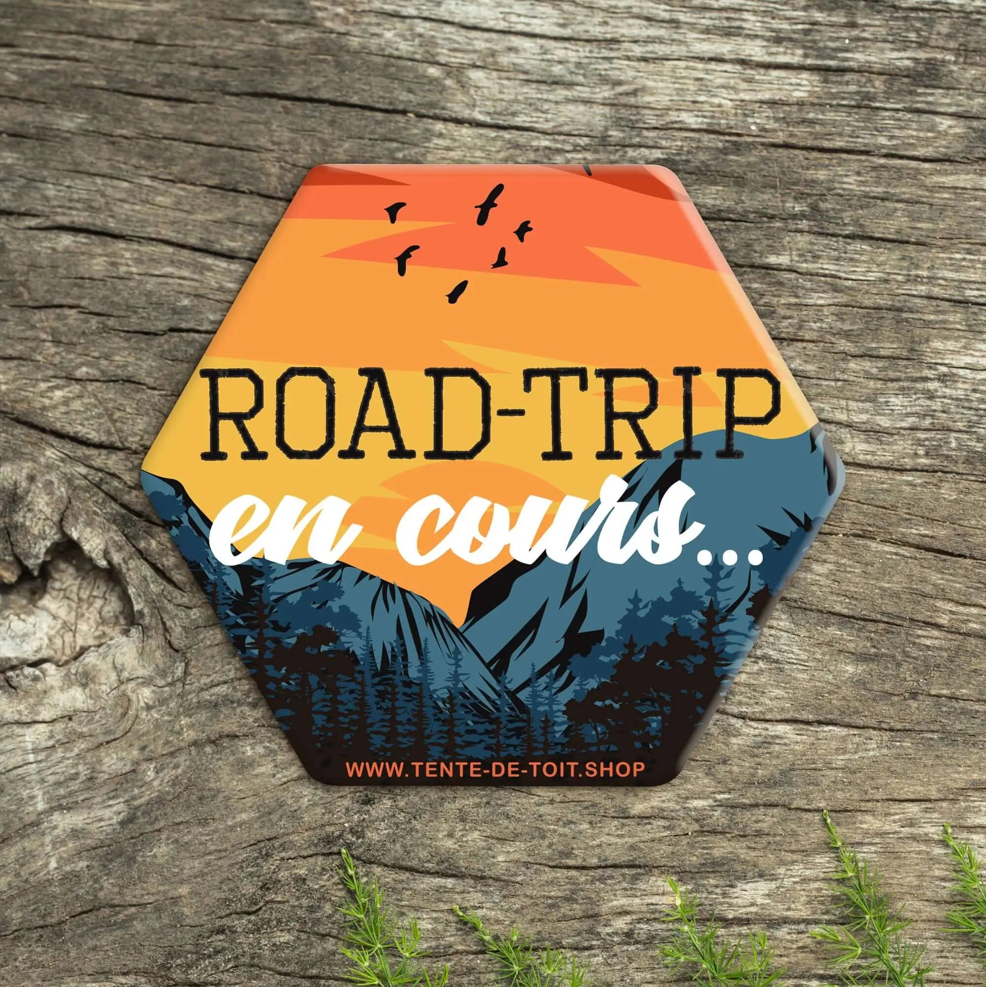 Hexagonal road trip sticker with mountains and sunset design, perfect for vanlife and outdoor adventure enthusiasts.