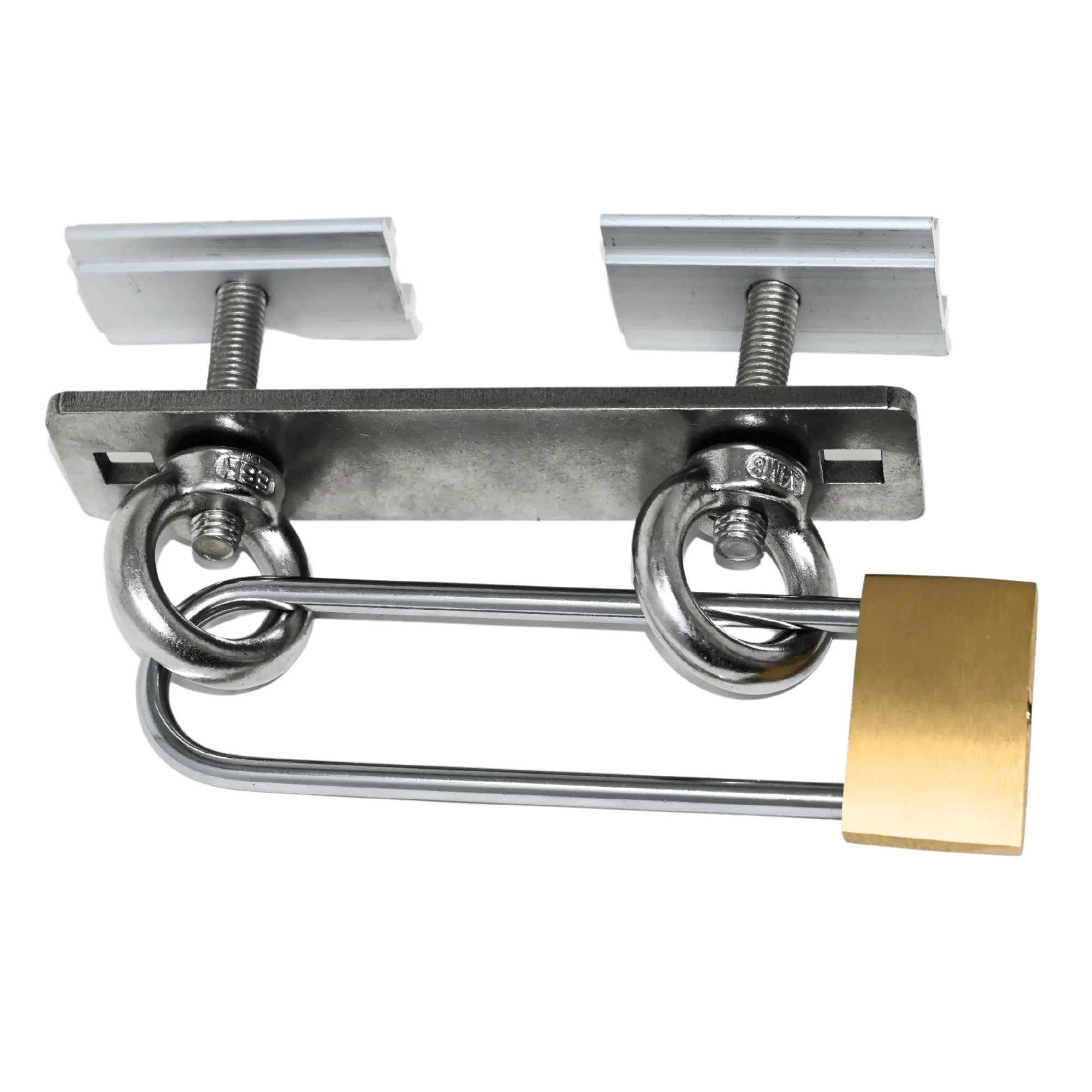 Universal roof tent anti-theft kit with steel rings and a sturdy padlock for enhanced security.