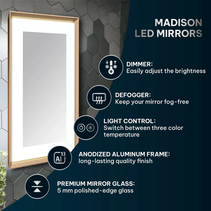 Aquadom Madison 24''x 36'' x 2.28'' LED Lighted Chamfer Frame Mirror with Defogger Chrome Brushed Gold Finish