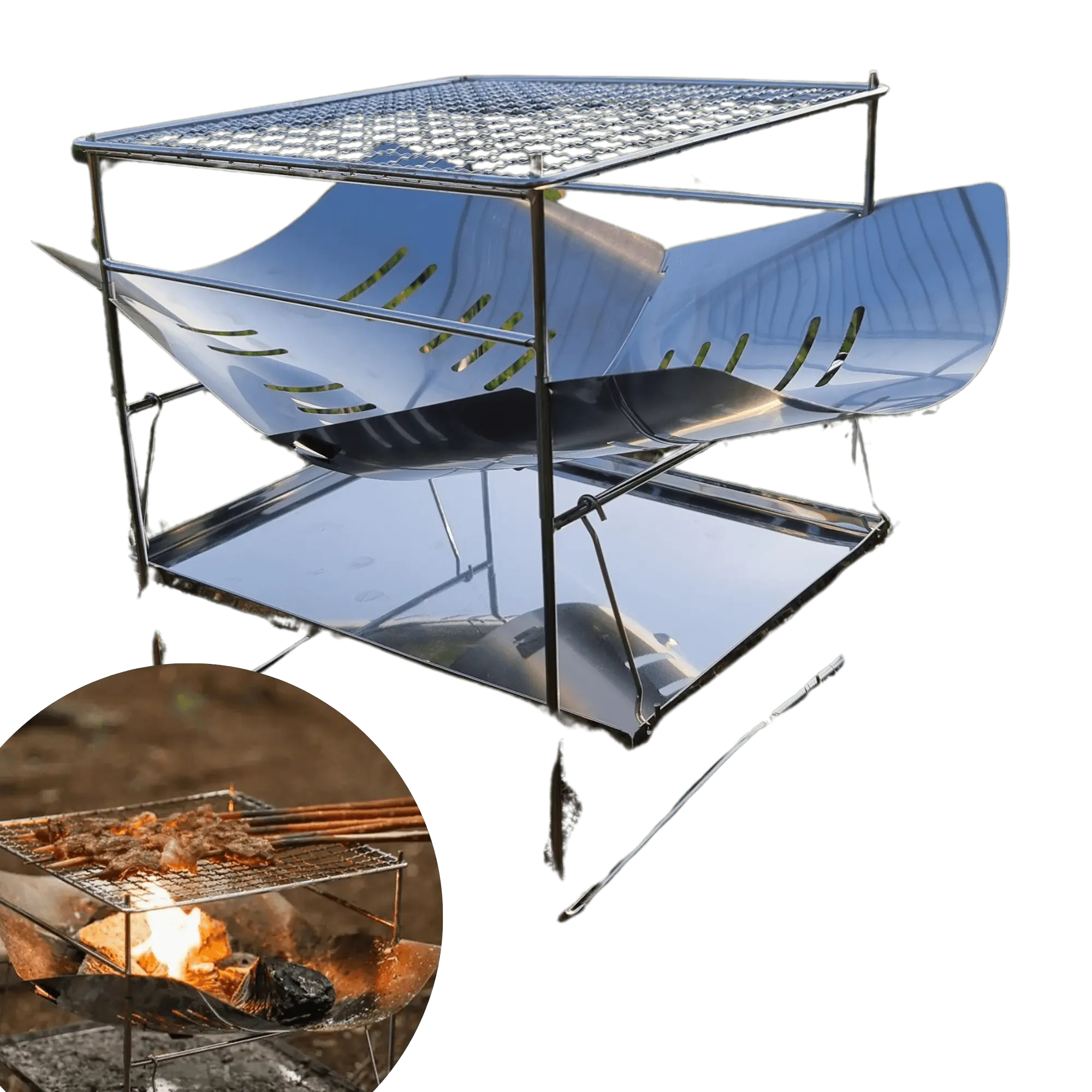 Pliant camping grill with stainless steel frame for outdoor cooking, featuring a compact and portable design for easy transport.