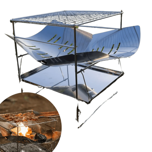 Gril de camping pliant avec cadre en acier inoxydable pour la cuisson en plein air, présentant un design compact et portable pour un transport facile.