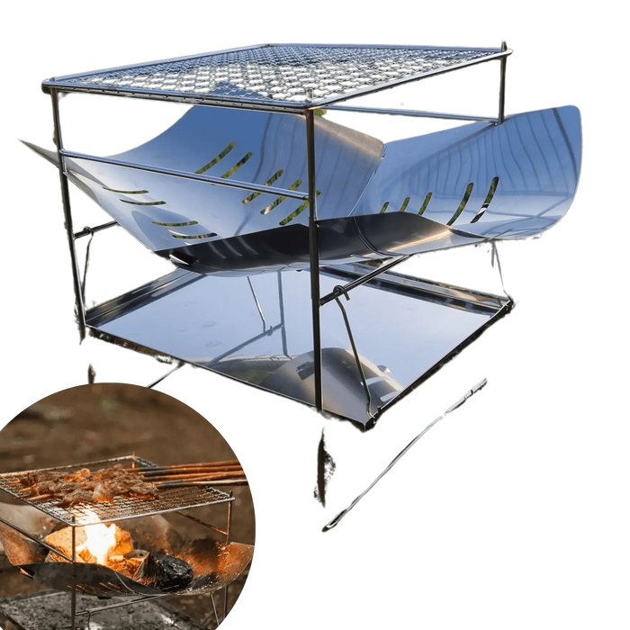 Gril de camping pliant avec cadre en acier inoxydable pour la cuisson en plein air, présentant un design compact et portable pour un transport facile.