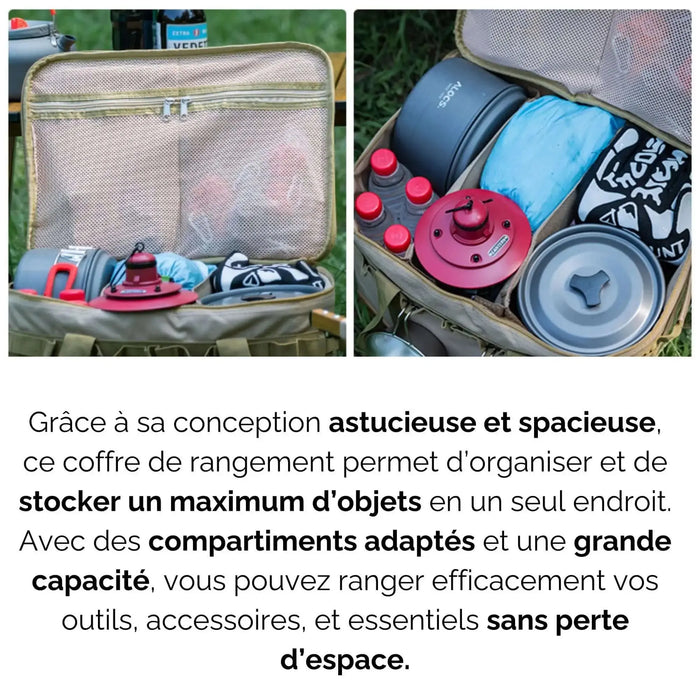 Boîte de transport pliable pour le camping avec une armature métallique et divers compartiments pour un rangement efficace.