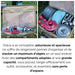 Boîte de transport pliable pour le camping avec une armature métallique et divers compartiments pour un rangement efficace.